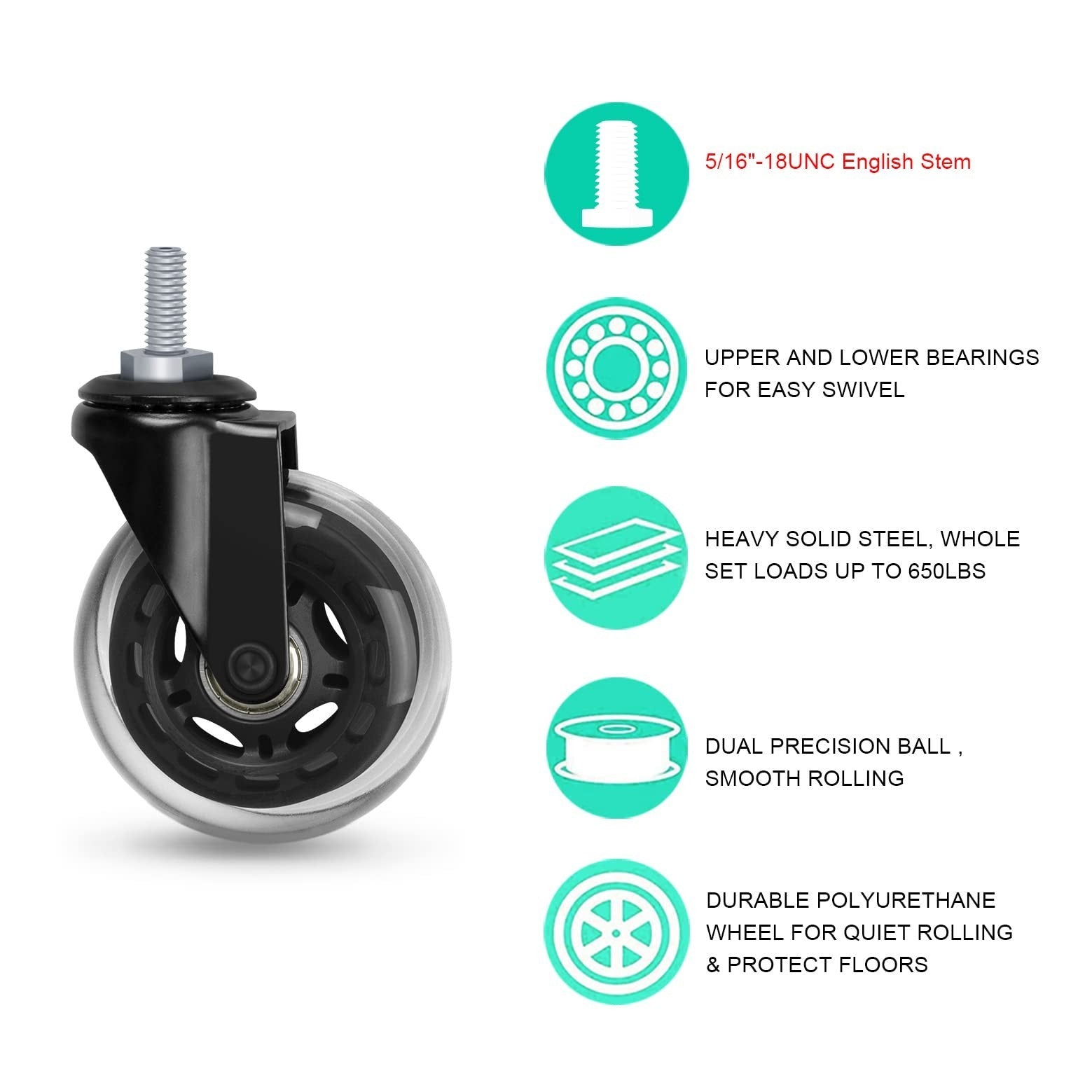 Hirate 5 Pack Office Chair Casters Wheel with 5/16"-18UNC Threaded Stem, 3" S...