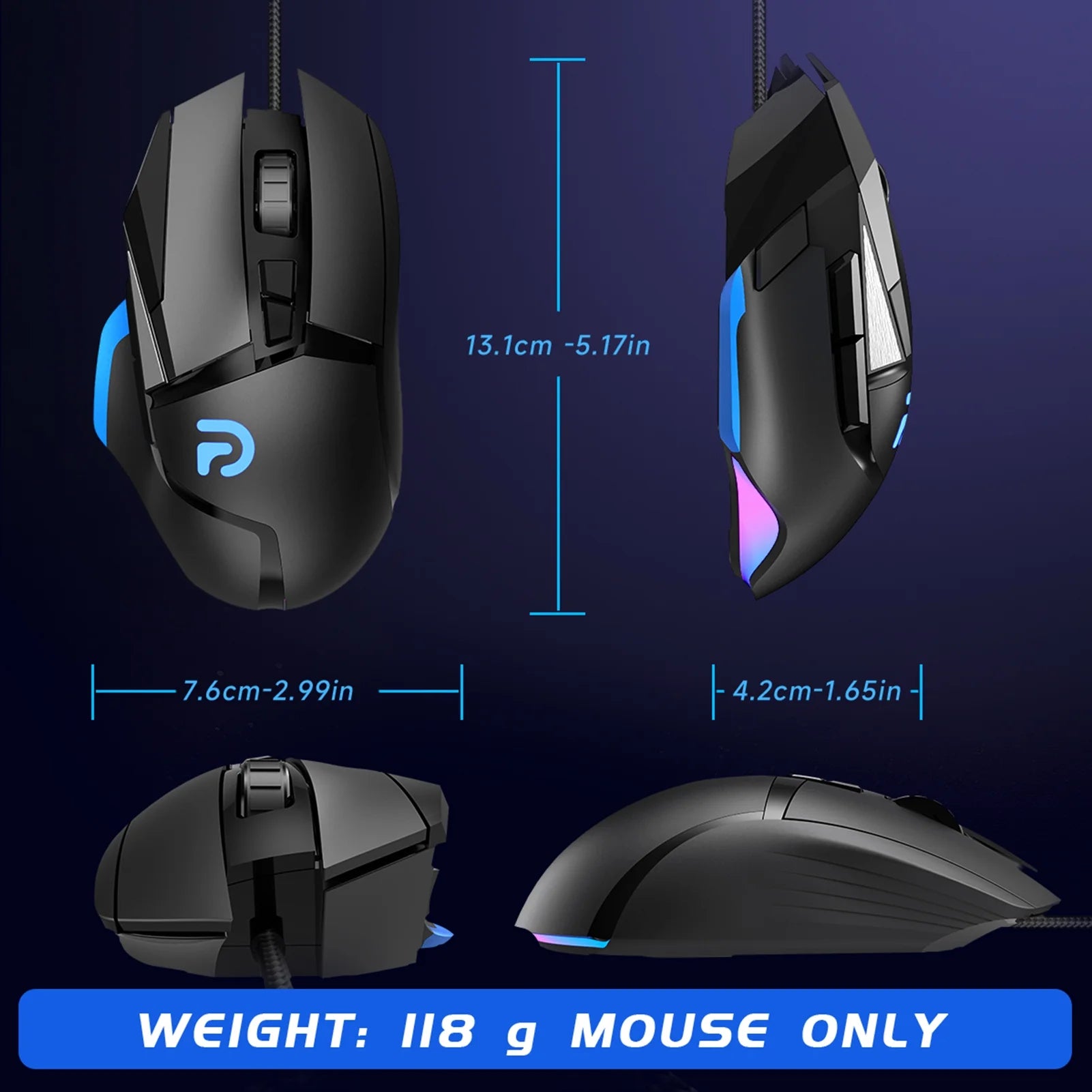 Gaming Mouse, Wired Optical Gaming Mouse, 16000 DPI, 8 Programmable Buttons, RGB Lighting, Black