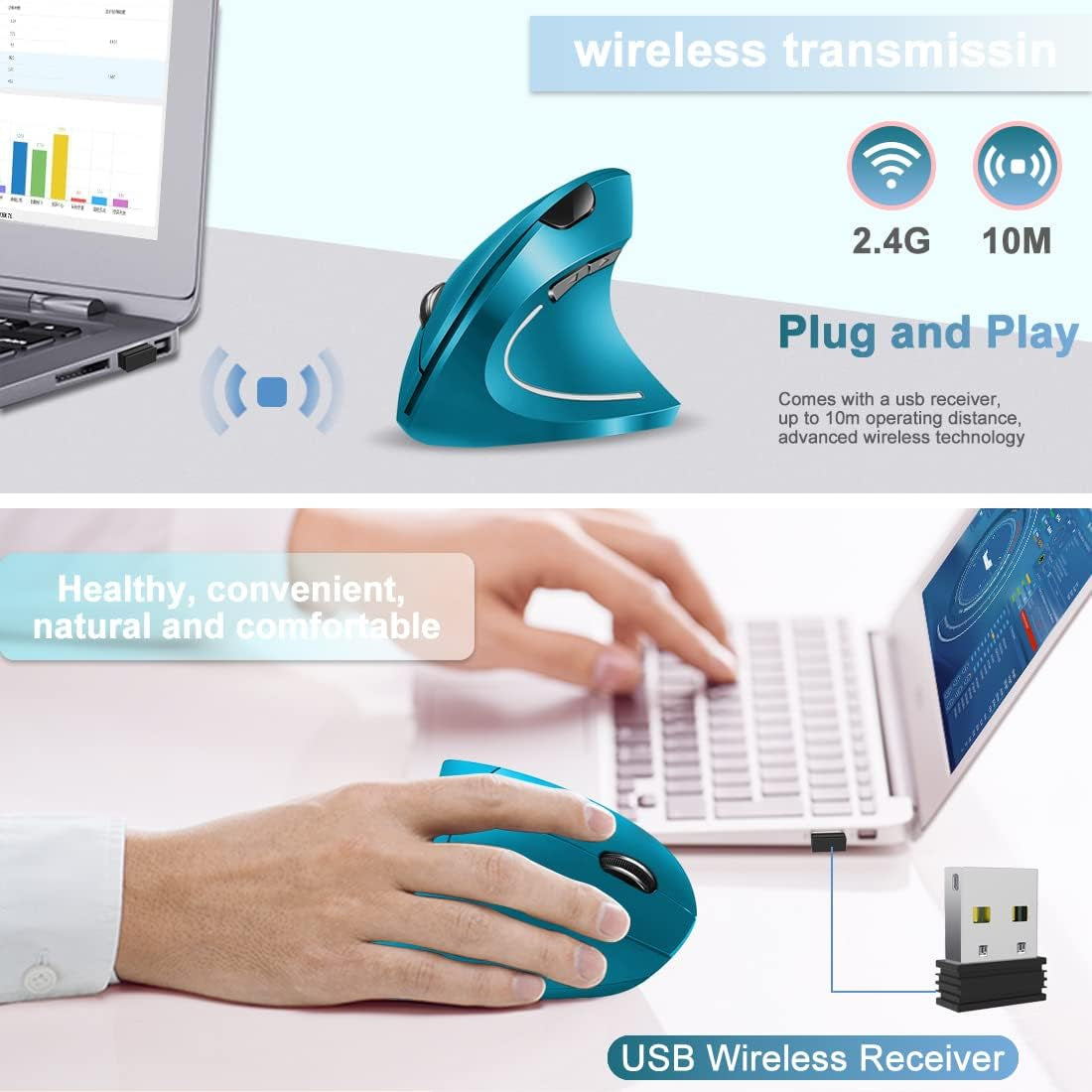 Ergonomic Wireless Mouse, Rechargeable Mouse 2.4Hz Vertical Wireless Optical Mice with USB Receiver, 6 Buttons for Pc,Laptop,Etc Blue