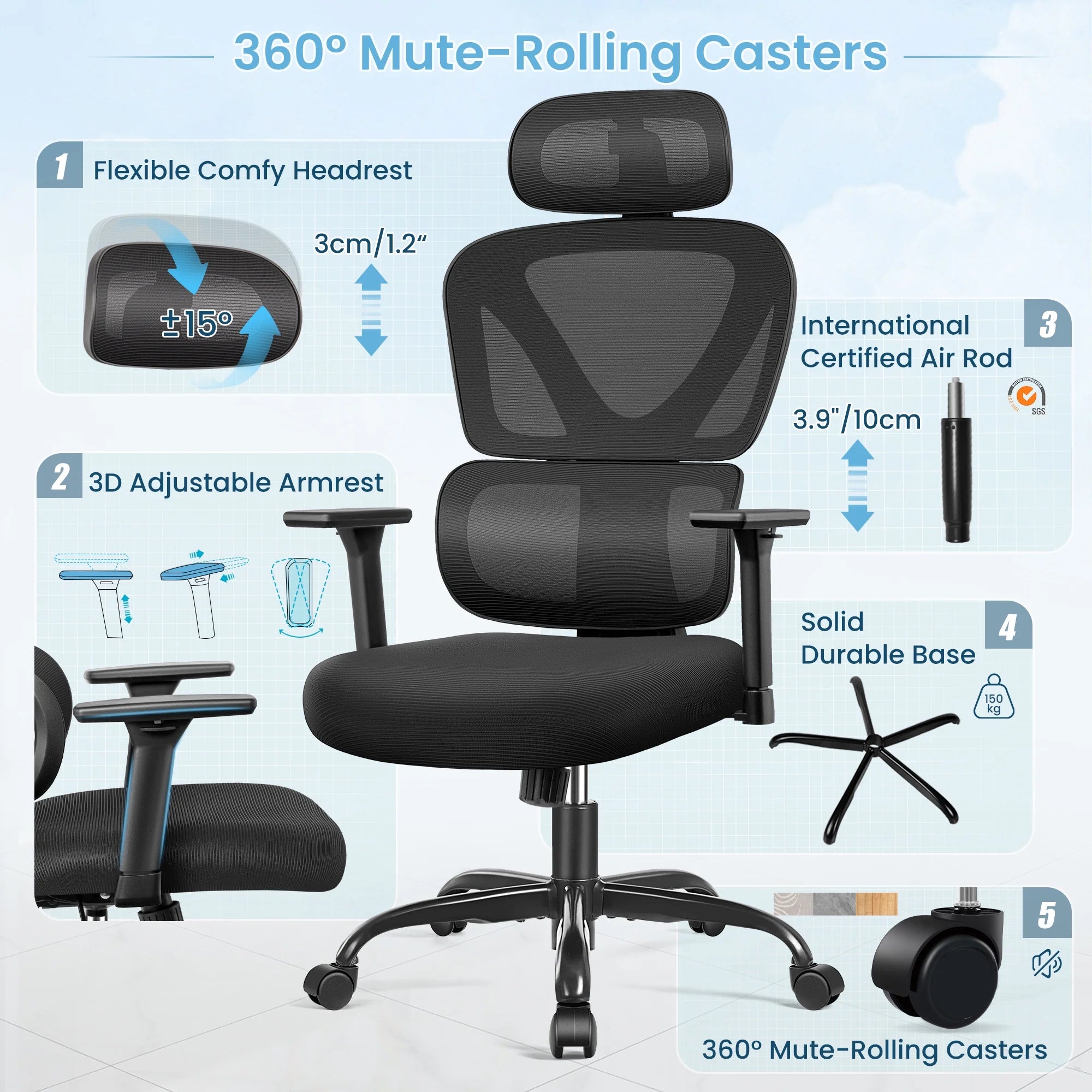 Ergonomic Office Chair, High Back Adjustable Computer Desk Chair with Lumbar Support, 500Lb, Black