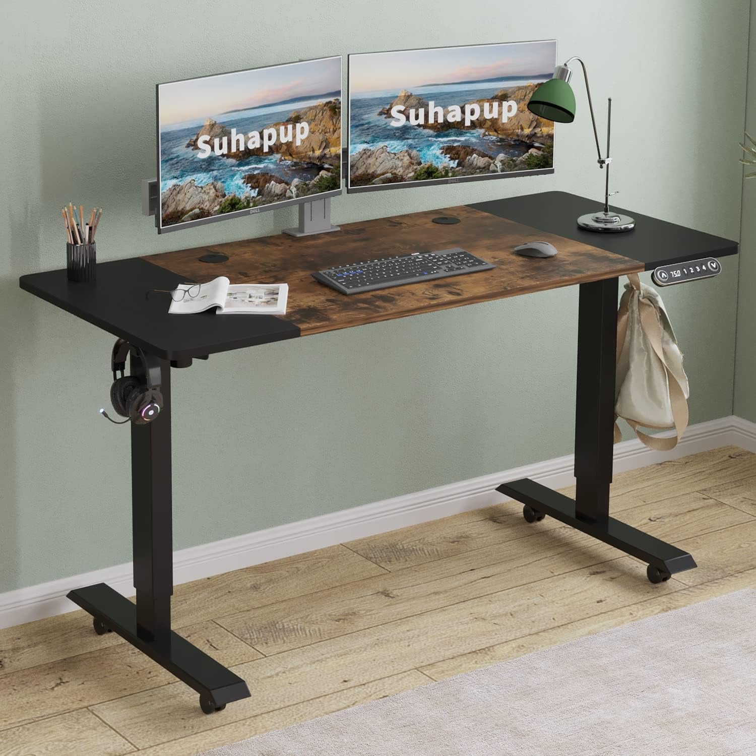 Electric Adjustable Height Standing Desk, 55 X 24 Inches Sit - Stand Desk for Work or Home Office 4 Preset Heights Easy to Set， Rustic Brown + Black Splice Board/Black Frame