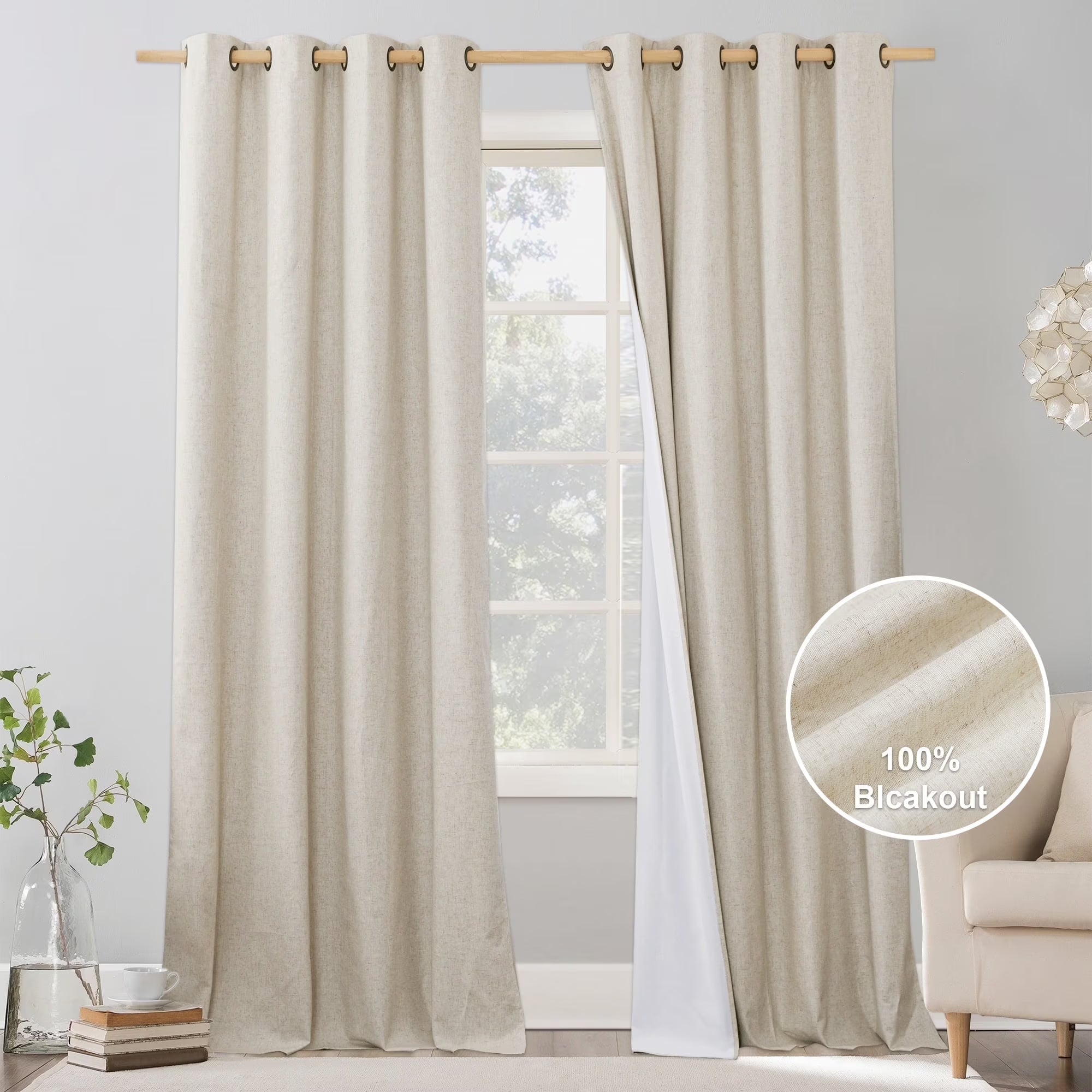 Natural Linen Blackout Curtains 102 Inches Length 2 Panels for Home Office, 52" Wide, Room Darkening Curtains Linen Textured Thermal Insulated Window Drapes for Bedroom