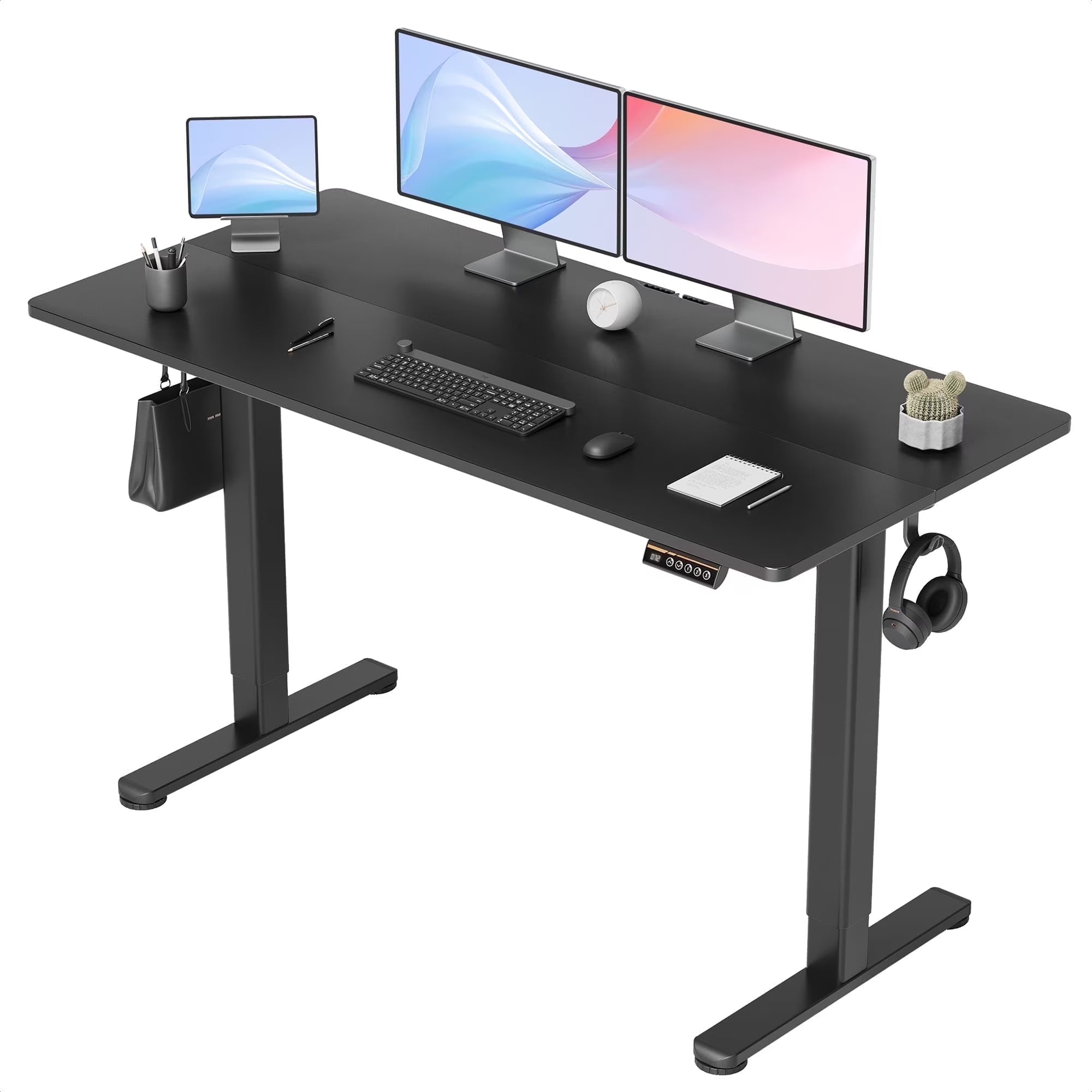 Electric Standing Desk, Adjustable Height Stand up Desk, 55X24 Inches Sit to Stand Home Office Computer Desk with Splice Board, Black Frame/Black Top