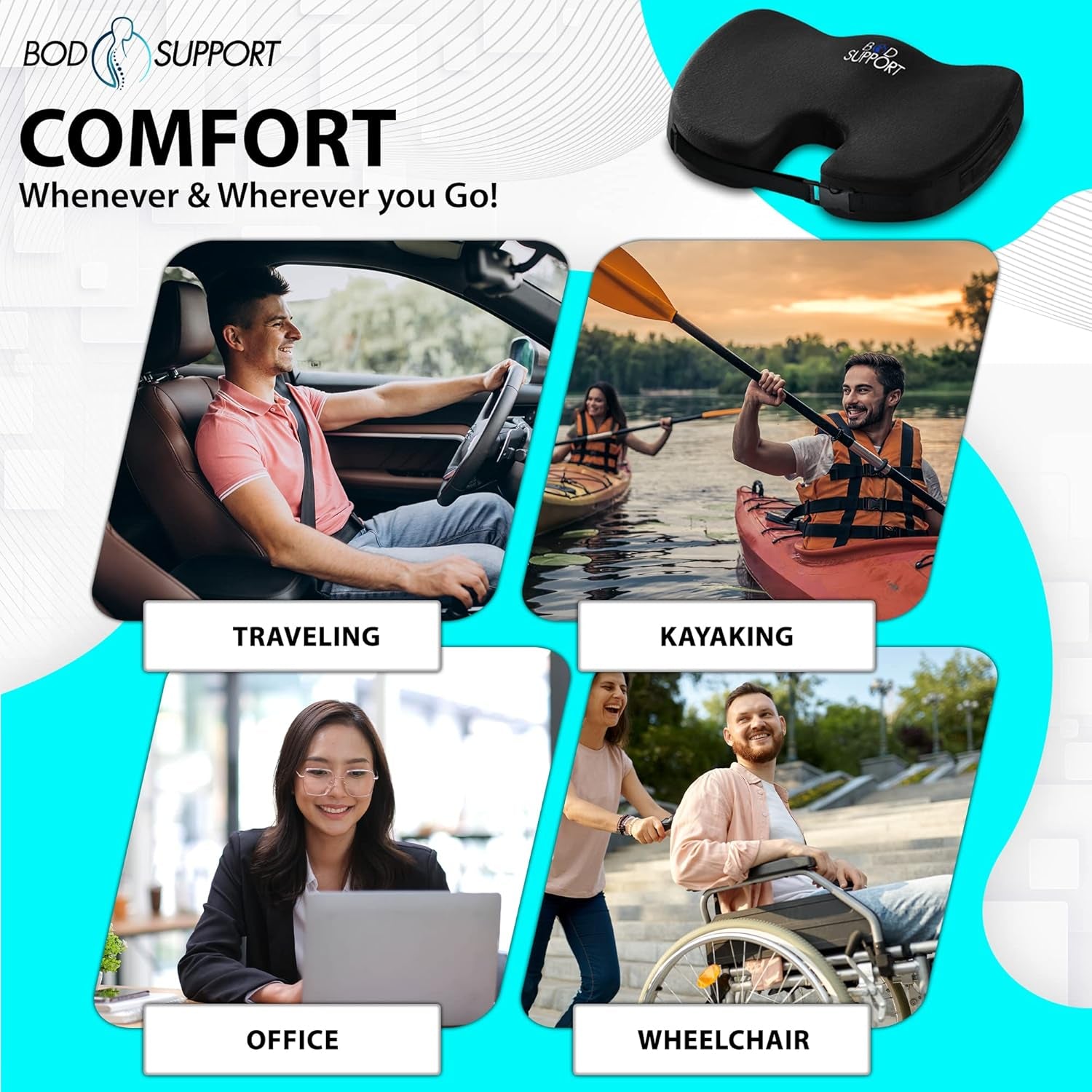 Seat Cushions for Office Chairs, Desk Chairs, and Car Seats - Enhances Posture and Support - Non-Slip Ergonomic Design with Adjustable Straps - Sciatica and Tailbone Relief (Black)