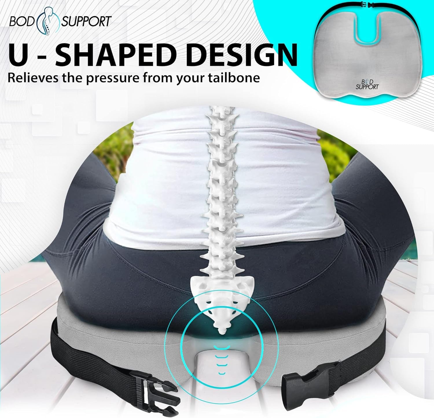 Seat Cushion with Straps - Seat Cushions for Office Chairs, Car Seat Cushion for Tailbone Pain Relief Cushion Design to Relieve Sciatica Coccyx Design from Prolonged Sitting (Grey)