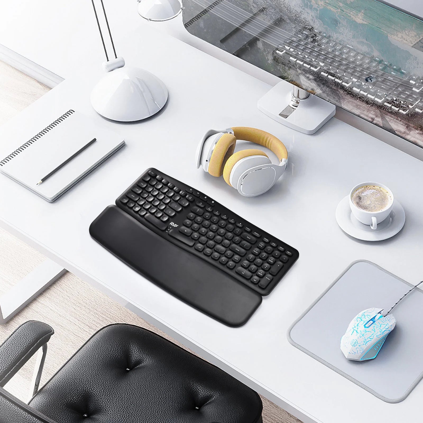 '+ K100-B Adjustable Wireless Ergonomic Keyboard with Magnetic Wrist Rest, Black