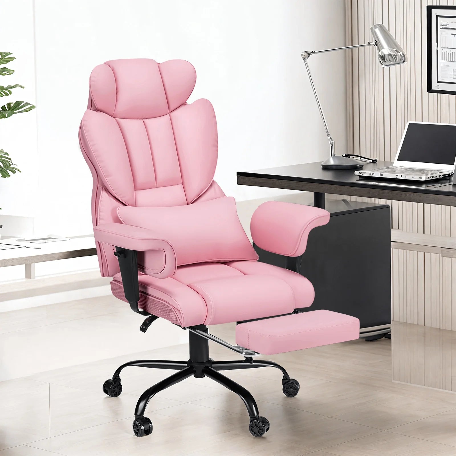 Big and Tall Office Chair 450Lbs, Executive Computer Desk Chair with Massage Ergonomic Leather Chair with Footrest Reclining Desk Office Chair with Lumbar Support for Home Office