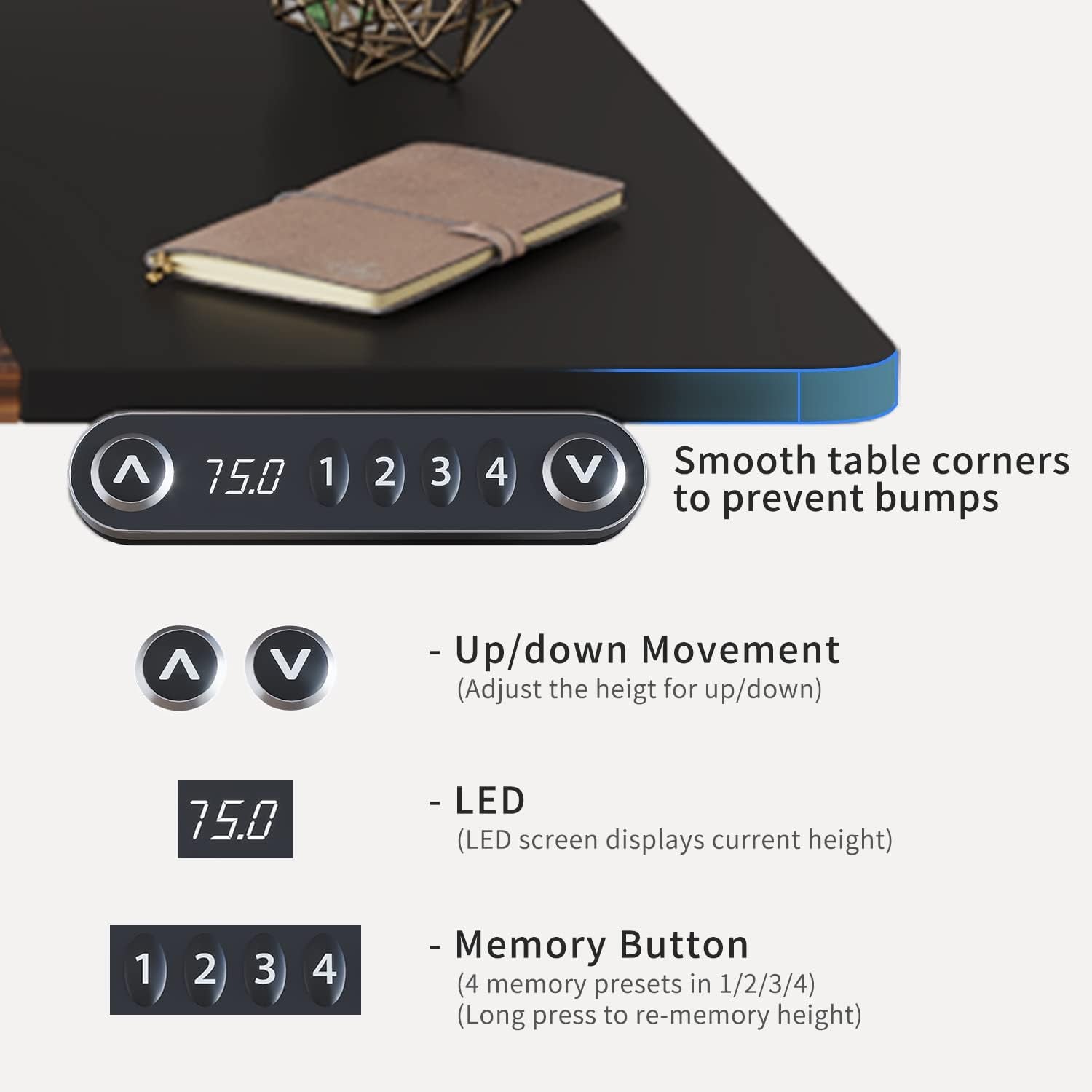 Electric Adjustable Height Standing Desk, 55 X 24 Inches Sit - Stand Desk for Work or Home Office 4 Preset Heights Easy to Set， Rustic Brown + Black Splice Board/Black Frame