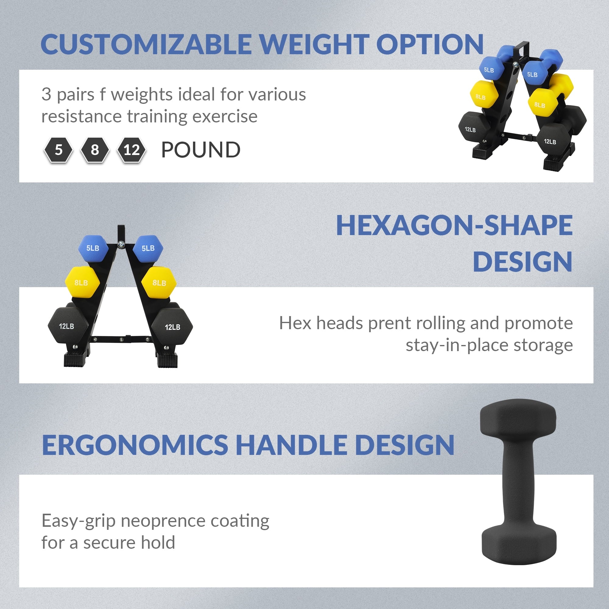 Dumbbell Set with Stand (5Lbs, 8Lbs, 12Lbs Set)