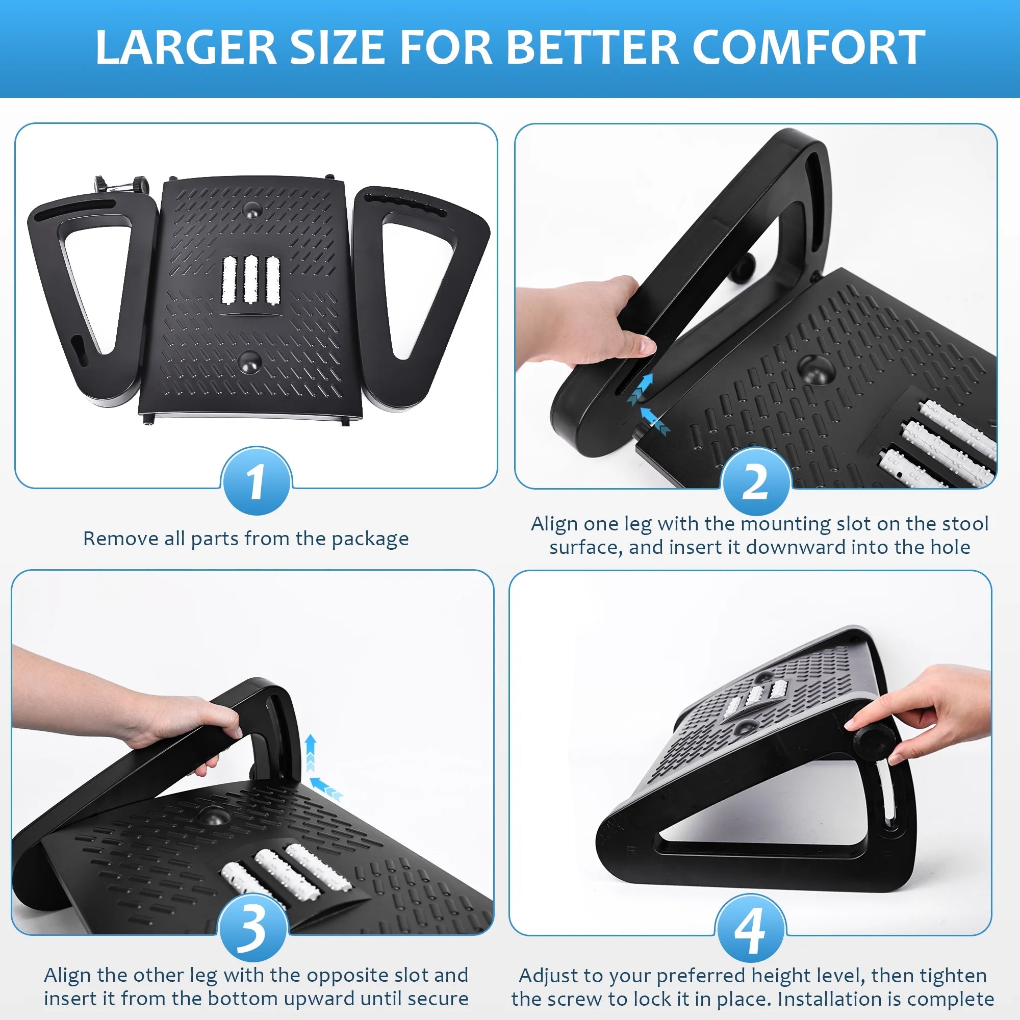 Adjustable Ergonomic Foot Rest under Desk with 6 Heights, Massage Surface & Rollers, Portable Foot Stool for Office, Home & Travel – Black