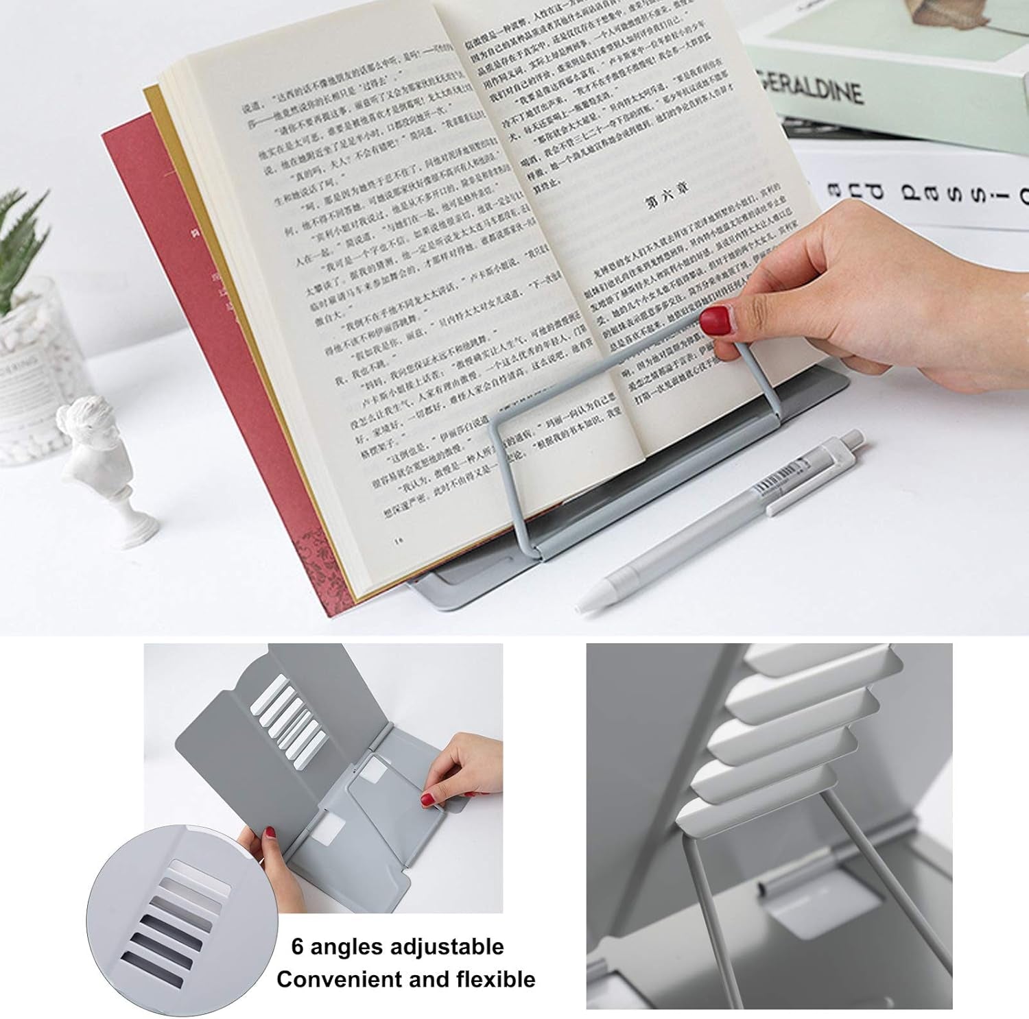 Desk Book Stand Metal Reading Rest Book Holder Angle Adjustable Stand Document Holder Portable Sturdy Lightweight Bookstands-Textbooks Tablet Music Books Cook Recipe (Grey)