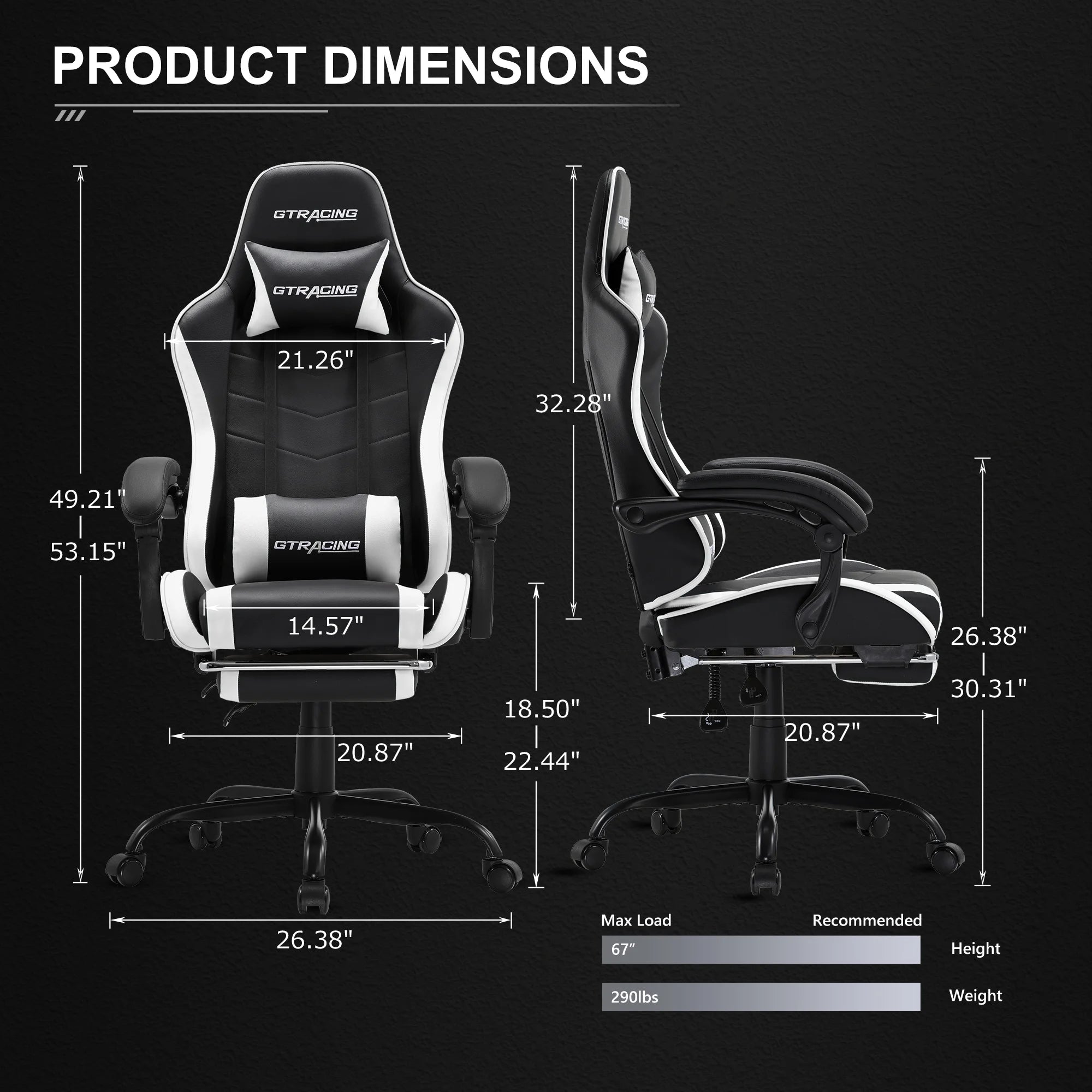 GTWD-200 Ergonomic Gaming Chair with Adjustable Pillows and Footrest , White
