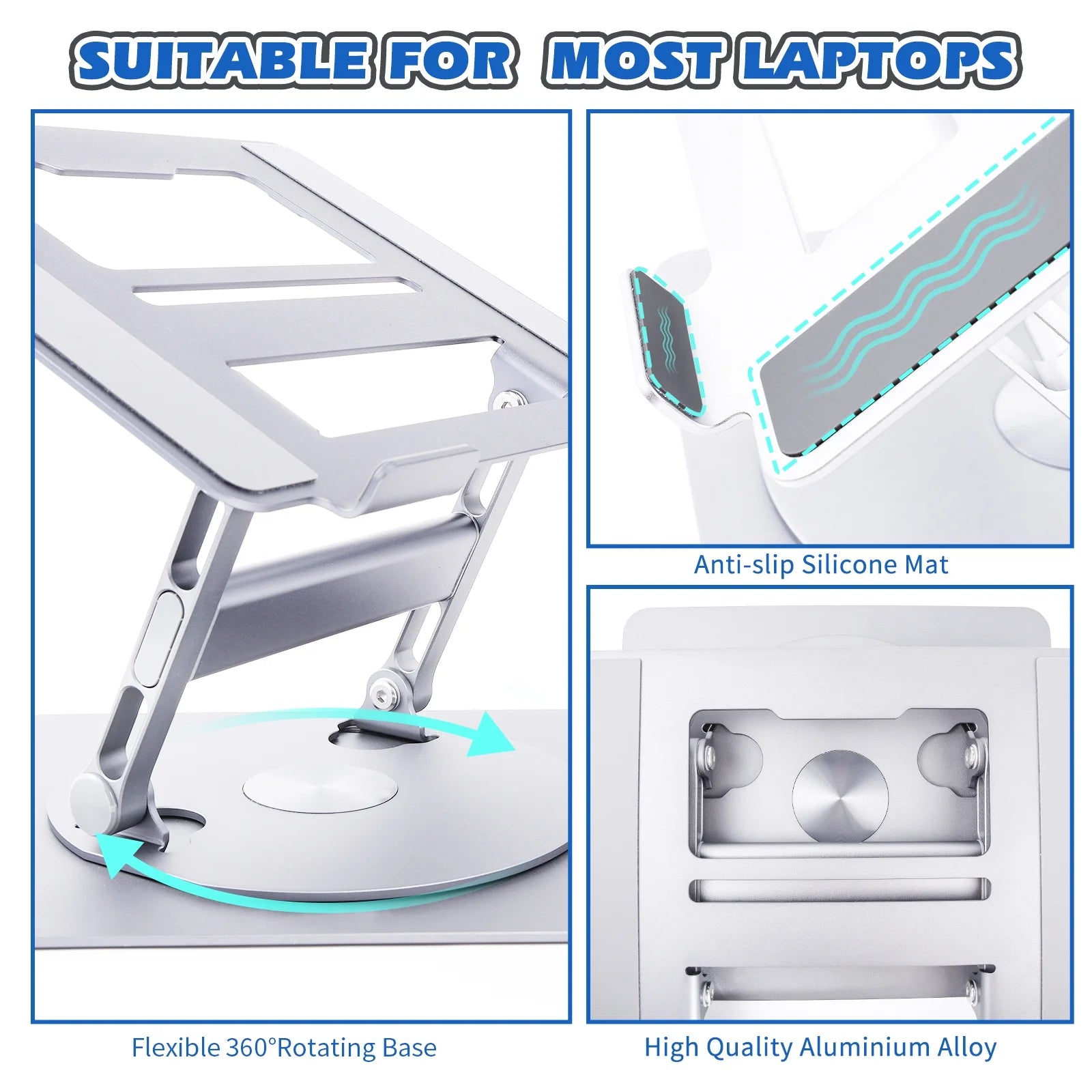 Portable Laptop Stand for Desk, Adjustable Foldable Aluminum Laptop Holder Riser with 360° Rotating, Compatible with 10-17 Inches