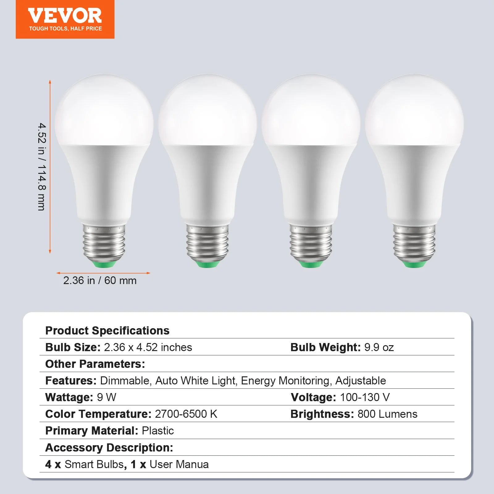 VEVOR Smart Light Bulbs, 4-Pack, 9W Multicolor LED Bulbs, 800 Lumens with Smart Control Compatibility for Vera, Google Assistant, Amazon Alexa, Ios, Android, RGB Color Changing